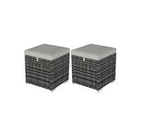 Lot de 2 poufs coffres de jardin - coussins zippés déhoussables - résine tressée aspect rotin gris