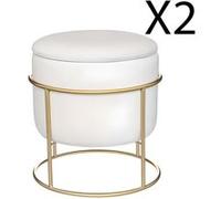 Lot de 2 poufs coffres en velours coloris ivoire - Diametre 42 x Hauteur 44 cm -PEGANE- Blanc
