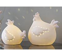 Lot de 2 poulets blancs en porcelaine, avec éclairage LED, décoration de Pâques, figurine de poulet, figurine décorative