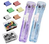 Lot de 2 poussoirs à pinces portables bleus et violets avec 100 pinces réutilisables, fournitures de bureau en métal argenté et coloré, dans une boîte transparente pour l'organisation papier portatif