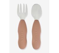 Lot de 2 pré-couverts d'apprentissage 2e âge en inox et silicone beige imprimé TU
