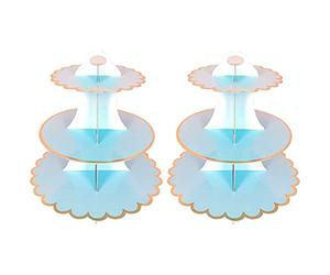 Lot de 2 présentoirs à gâteaux en carton à 3 étages ronds jetables pour anniversaire, thé de l'après-midi, fête de mariage, baptême, fruits et desserts (bleu)