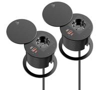 Lot de 2 prises encastrables avec 2 USB C PD 35 W et USB A QC 30 W - Multiprise encastrable avec USB et couvercle - Prise escamotable pour meubles, plan de travail, câble de 1,8 m, noir