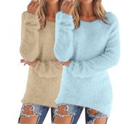 Lot de 2 pulls d'hiver en polaire chaude en cachemire pour femme - Col rond - Couleur unie - Doux et confortable - Pull décontracté à manches longues - Uni, I, 3XL