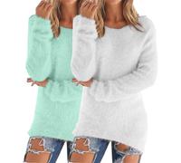 Lot de 2 pulls d'hiver en polaire chaude en cachemire pour femme - Col rond - Couleur unie - Doux et confortable - Pull décontracté à manches longues - Uni, Q, 5XL