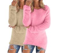 Lot de 2 pulls en polaire pour femme - Grandes tailles - Couleur unie - Col rond - Sans capuche - Manches longues - Pull d'hiver chaud - Décontracté - Sweat thermique pour femme, u, S