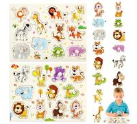 Lot de 2 puzzles en bois de 1 an - Puzzle à emboîter en bois - À partir de 1 an - Avec animaux de la jungle - Jouet de préhension - Idéal pour enfants à partir de 1 an - Cadeau pour bébé, garçon et