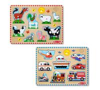 Lot de 2 Puzzles sonores en Bois Melissa & Doug pour Les garçons et Les Filles de crèche et de Maternelle - Animaux de la Ferme, véhicules