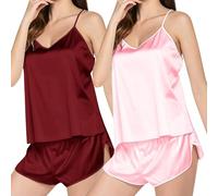 Lot de 2 Pyjama Femme Sexy Chic Dentelle Pyjama Femme Ete Comfy Ensembles de Pyjama Femme à Top Debardeur Femme Col V + Pyjama Short Femme Pyjama Femme Coton Court Lingerie Été VêTements Nuit Femme