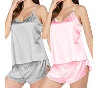 Lot de 2 Pyjama Femme Sexy Chic Dentelle Pyjama Femme Ete Comfy Ensembles de Pyjama Femme à Top Debardeur Femme Col V + Pyjama Short Femme Pyjama Femme Coton Court Lingerie Été VêTements Nuit Femme