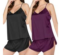 Lot de 2 Pyjama Femme Sexy Chic Dentelle Pyjama Femme Ete Comfy Ensembles de Pyjama Femme à Top Debardeur Femme Col V + Pyjama Short Femme Pyjama Femme Coton Court Lingerie Été VêTements Nuit Femme