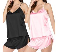 Lot de 2 Pyjama Femme Sexy Chic Dentelle Pyjama Femme Ete Comfy Ensembles de Pyjama Femme à Top Debardeur Femme Col V + Pyjama Short Femme Pyjama Femme Coton Court Lingerie Été VêTements Nuit Femme