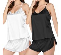 Lot de 2 Pyjama Femme Sexy Chic Dentelle Pyjama Femme Ete Comfy Ensembles de Pyjama Femme à Top Debardeur Femme Col V + Pyjama Short Femme Pyjama Femme Coton Court Lingerie Été VêTements Nuit Femme