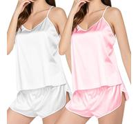 Lot de 2 Pyjama Femme Sexy Chic Dentelle Pyjama Femme Ete Comfy Ensembles de Pyjama Femme à Top Debardeur Femme Col V + Pyjama Short Femme Pyjama Femme Coton Court Lingerie Été VêTements Nuit Femme