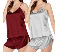 Lot de 2 Pyjama Sexy pour Femme Dentelle Vêtement de Nuit d'été Court Haut en Dentelle et Short Nuisette Col en V Ensemble Pyjama pour Femmes Sexy Lingerie Ensemble Short