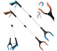 Lot de 2 ramasse-litière pliables de 83 cm de long, pour personnes handicapées, personnes âgées et adultes avec tête rotative à 360° et griffe magnétique (couleur : bleu + orange)