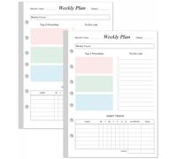 Lot de 2 recharges de planificateur hebdomadaire pour mini classeurs à 3 ou 7 anneaux - 106 feuilles/212 pages non datées et colorées, papier blanc 100 g/m², dure 2 ans, non daté, 14,7 x 21,1 cm