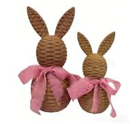 Lot de 2 répliques de lapin en rotin avec nœuds verts, décoration de Pâques en résine pour bureau à domicile, centre de table pour étagère de table (rose)
