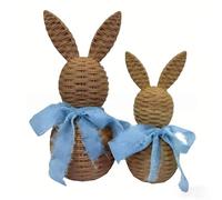 Lot de 2 répliques de lapin en rotin avec nœuds verts, décoration de Pâques en résine pour bureau à domicile, centre de table pour étagère de table (bleu)