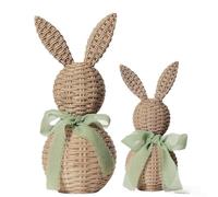 Lot de 2 répliques de lapin en rotin - Décorations de Pâques - Figurines de lapin en résine avec nœuds verts - Décoration printanière pour la maison et le bureau (vert)