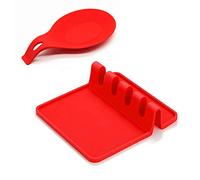 Lot de 2 repose-ustensiles en silicone avec tampon d'égouttement pour plusieurs ustensiles, grand support de cuillère pour louche, spatule, pince, fourchette - Les deux en rouge