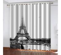 Lot De 2 Rideau Chambre Enfant Garcon Fille 3D Impression Paysage Tour Paris Noir Et Blanc Motif Rideaux Occultants Thermiques Isolants À Oeillets D