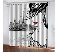 Lot De 2 Rideau Fenetre À Oeillets - Rideau Occultant Salon Moderne, 3D Femme De Mode Noir Et Blanc Motif Rideau Chambre Enfant Isolant Thermique (Chaud/Froid) Et Phonique Lot De 2 Rideaux 200X160cm