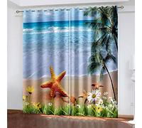 Lot De 2 Rideau Occultant, 3D Océan Bleu Étoile De Mer Cocotier Imprimé Motif Rideaux À Oeillets Opaque pour Salon Chambre, Isolant Thermique Et Sonore Fenêtre Décoration 234X230Cm (Lxh)