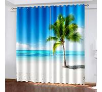 Lot De 2 Rideau Occultant, 3D Paysage De Cocotiers De Plage Bleue Imprimé Motif Rideaux À Oeillets Opaque pour Salon Chambre, Isolant Thermique Et Sonore Fenêtre Décoration 200X214Cm (Lxh)