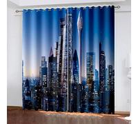 Lot De 2 Rideau Occultant, 3D Paysage De Construction De La Ville Bleue Imprimé Motif Rideaux À Oeillets Opaque pour Salon Chambre, Isolant Thermique Et Sonore Fenêtre Décoration 200X214Cm (L