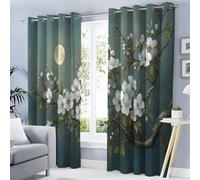 Lot de 2 Rideau Occultant à Oeillets Rideaux Peinture À L'Encre Chine Parents Rideau Thermique Isolant Anti Froid Rideaux Pleine Lune Branches D'Arbre Fleurs Prunier pour Salon 117L X 137H cm Blanc