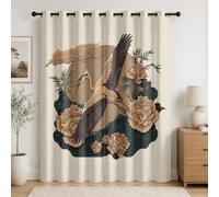 Lot de 2 Rideau Occultant Thermique 75L X 166H cm Style Chinois Oiseaux en Vol Fleurs Rideaux Isolation Lumiere Anti UV Draperies d’intimité à Oeillets Jaune pour Chambre Salon Décoration Fenêtre
