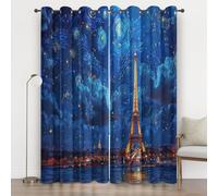 Lot de 2 Rideau Occultant Tour Eiffel, 3D Vue Nocturne Paris Rideaux Thermique Isolant à Oeillets pour Salon Chambre Décoration 140 x 160 cm