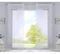 Lot de 2 Rideaux à Fils HxB 250 x 140 cm, Blanc Lurex avec Passe-Tunnel et Bande de Forage Cousue, Convient pour Tringles et Rails de Rideaux