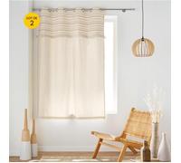 Lot de 2 Rideaux à Œillets Petite Hauteur 140 x 180 cm - 100 % Coton Uni + Top Tissé à Franges - Atlas Naturel