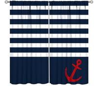 Lot de 2 rideaux d'ancre nautique rétro à rayures bleu marine pour décoration d'intérieur, chambre à coucher, salon, cuisine, dimensions totales : 160 x 182,9 cm (l x L)