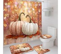Lot de 2 rideaux de douche en forme de citrouille à paillettes, décoration d'automne blanche et orange avec feuilles d'érable, accessoires de salle de bain modernes pour Thanksgiving, tissu