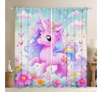 Lot de 2 rideaux de fenêtre mignons licorne rose kawaii, rideaux de fenêtre à motif de licorne florale et papillon, pour décoration de chambre d'enfant, rideaux à œillets pour chambre d'enfant, 167 x