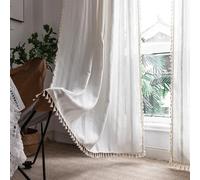 Lot de 2 rideaux de fenêtre semi-occultants de style bohème avec pampilles en lin et coton avec pompons blancs cassés filtrant la lumière pour chambre à coucher - 140 cm de large x 160 cm de long
