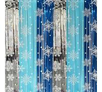 Lot de 2 rideaux de Noël à paillettes bleu glacier argenté avec flocons de neige, 1 x 2 m, décoration de fête de Noël, décoration de fête de Noël