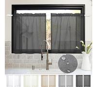 lot de 2 rideaux étanches semi-transparents, Rideau court double passe-poil aspect lin Cuisine Café Restaurant Chambre à coucher,L85xH61cm Gris foncé