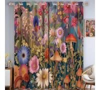 Lot de 2 Rideaux Fleurs Sauvages Et Champignons Intérieur à Oeillets 132x160cm Rideaux Opaque Scène De Jardin Rideau Occultant Thermiques Anti Chaleur avec Noir Doublure Épais, Brun