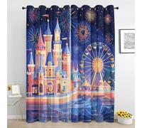 Lot de 2 Rideaux Grande Roue Château Dessin Animé - Rideau a Oeillets Occultant Parc d'attractions Enfants - Rideau Thermique Isolant pour Salon Chambre - 140L x 260H cm