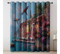 Lot de 2 Rideaux Isolants Thermiques en Polyester avec Oeillets - Bleu Rideau Coulissants Maison De Plage Italienne Rideaux Occultants Decoration pour Salon Chambre 70 L x 160 H cm