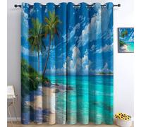 Lot de 2 Rideaux Motif Paysages Plages Tropicales Plantes Intérieur à Oeillets Bureau Adult, 140L X 245H cm Rideau Maison Cuisine Anti Chaleur Bleu Marine Occultant Thermique Anti Froid