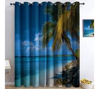 Lot De 2 Rideaux Occultant Photographique Palmier L'Île San Isidore Voilier Rideau à Oeillets, Bleu Salon Rideaux Isolation Thermique Occultants pour Chambre Salon Maison Bureau L 85 X H 200 cm