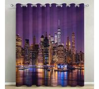 Lot de 2 Rideaux Occultants à Œillets 140x200 cm New York | Rideau Occultant Thermique Isolant, Imprimé Skyline Urbaine Nocturne, Polyester Haute Densité, pour Chambre et Salon