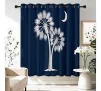 Lot de 2 Rideaux Occultants à Isolation Thermique avec œillets, Simple Palmier Lune Rideaux Tenture Opaque Draperies Intérieurs pour Salon Chambre à Coucher 140 L x 245 H cm, Bleu Foncé Blanc