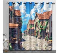 Lot de 2 rideaux occultants à isolation thermique avec motif de scène de rue, maisons en pierre pour banquet, salle de bain, théâtre, café, 117,1 x 214,1 cm