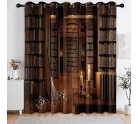 Lot de 2 Rideaux Occultants à Isolation Thermique Magie Bibliothèque | Rideau avec œillets et Imprimé Étagère Marron Balai, pour Salon, Salle à Manger, Chambre à Coucher, L110 x H215 cm